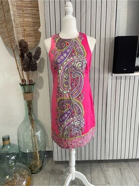 London Times Hot Pink Paisley Sleeveless Shift Dress